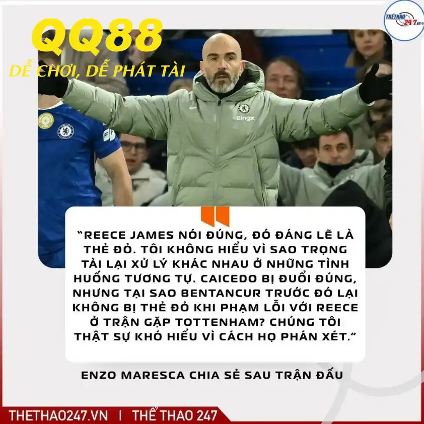 Enzo Maresca bức xúc khi cầu thủ Arsenal không bị thẻ đỏ