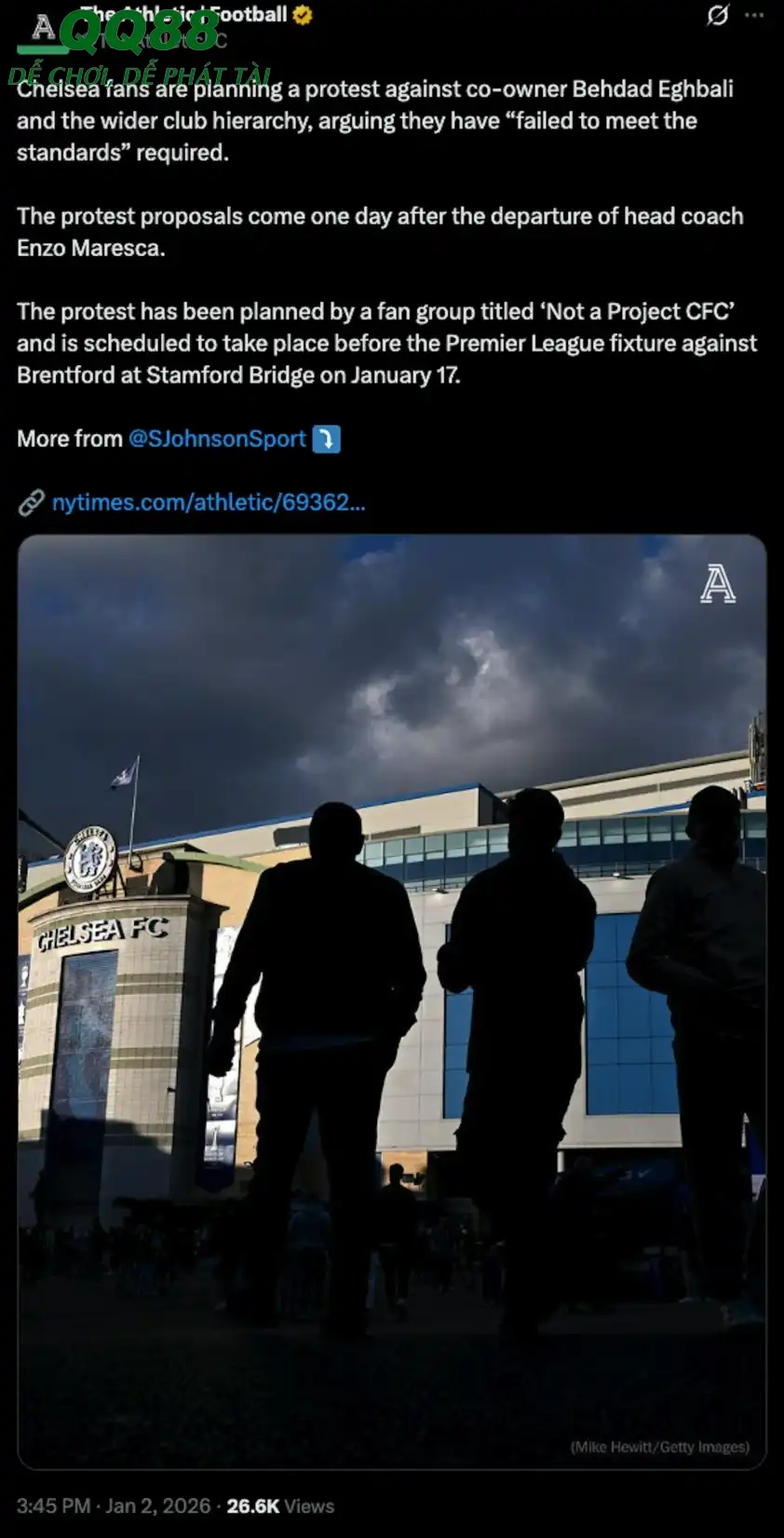 Bài đăng về thông tin của cuộc biểu tình của các CĐV Chelsea.